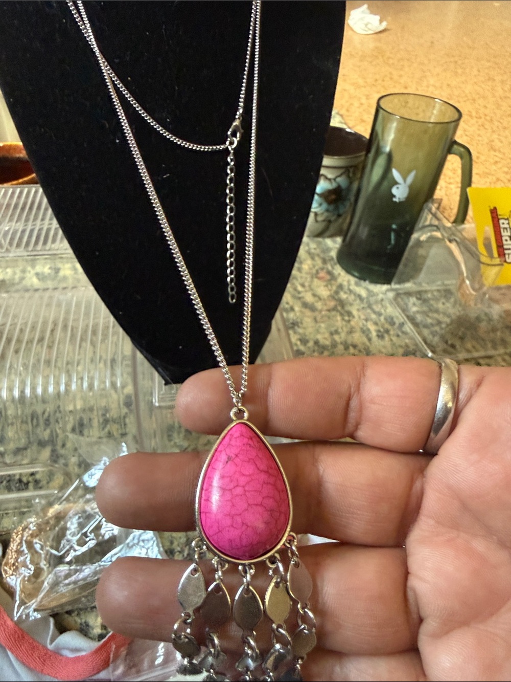 Pink Teardrop Pendant Necklace - Silver Chain